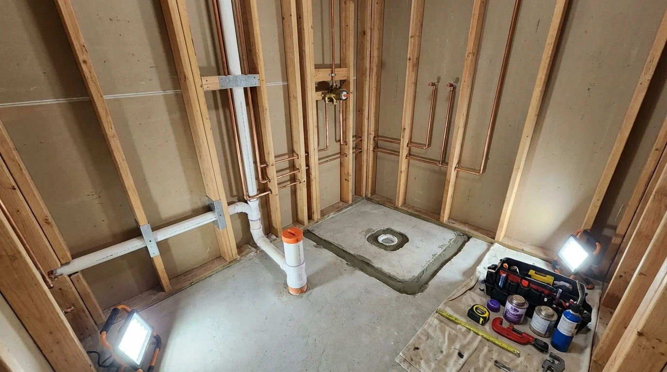 Bathroom rough-in plumbing during remodel by Johns Plumbing LLC in Locust Valley