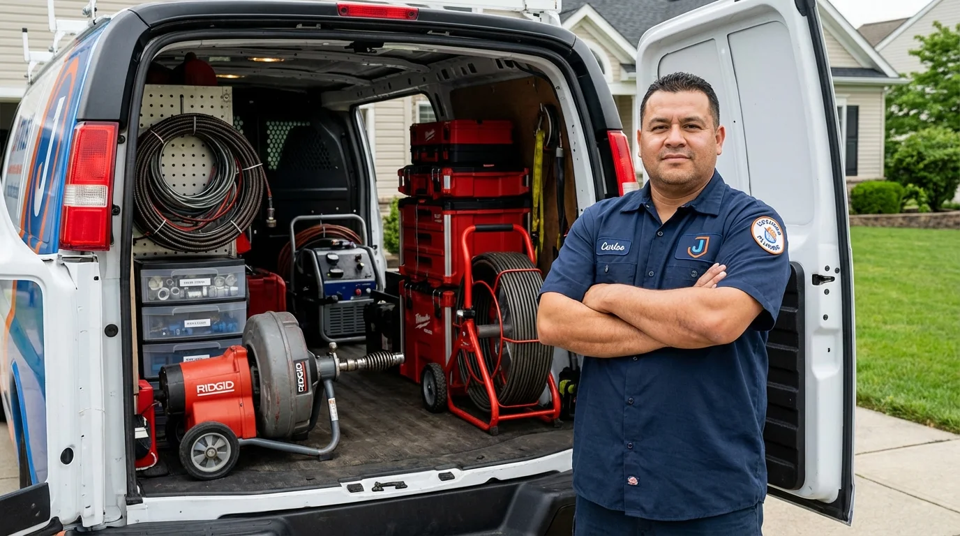 Professional drain cleaning equipment and Johns Plumbing LLC plumber in Locust Valley