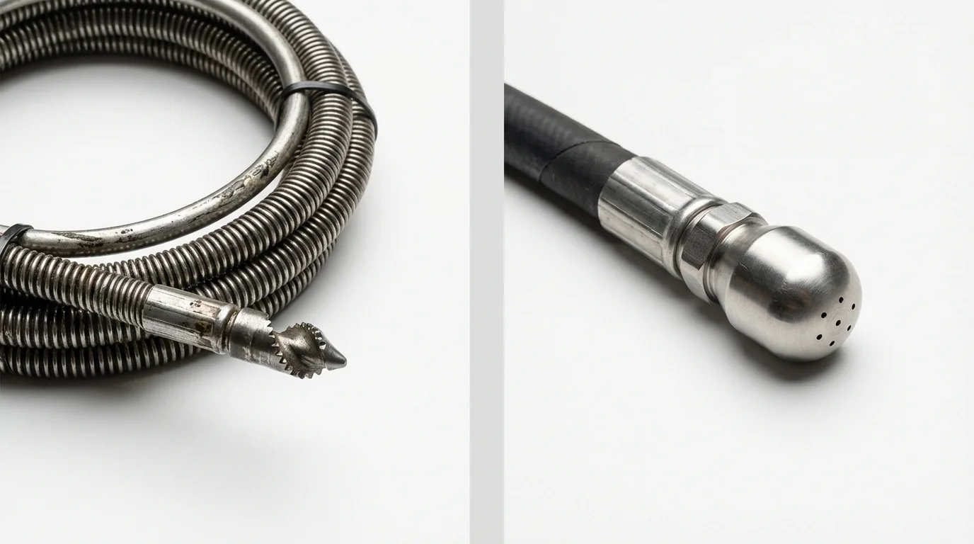 Drain snake cable and hydro jetting nozzle used for drain cleaning in Locust Valley, NY
