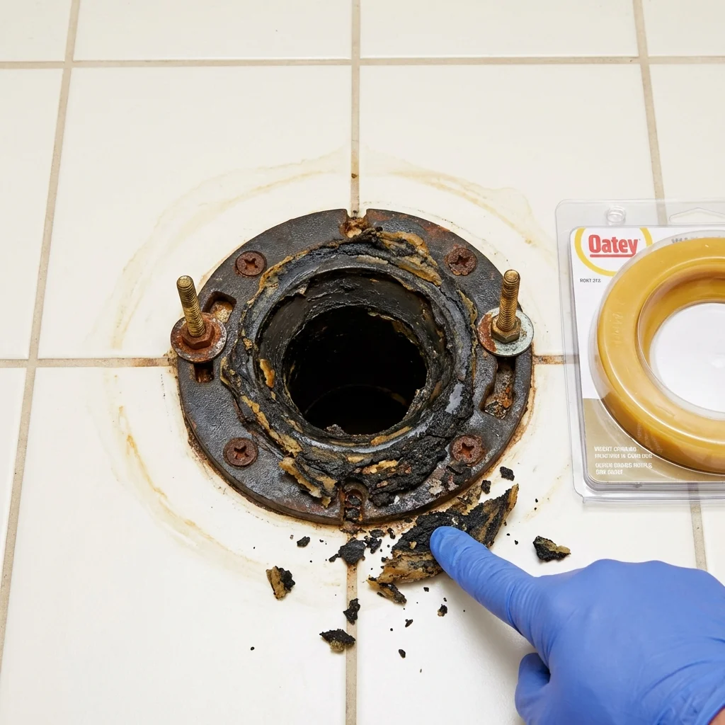 Failed wax ring showing water seepage at the base of a toilet in a Locust Valley, NY home